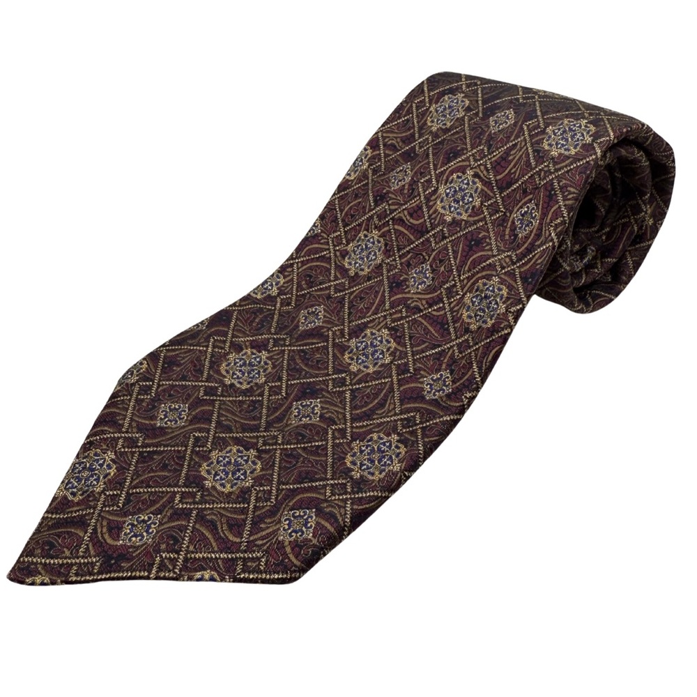 Omaggio by Robert Talbott Silk Tie, Burgundy & Gold, Made in USA, Like New